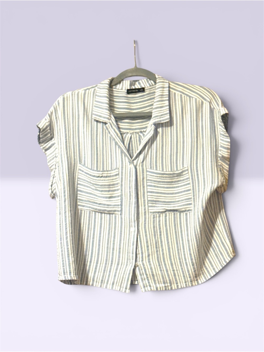 Striped Short Sleeve Crop Button Front Top Blouse Shirt Blue & White